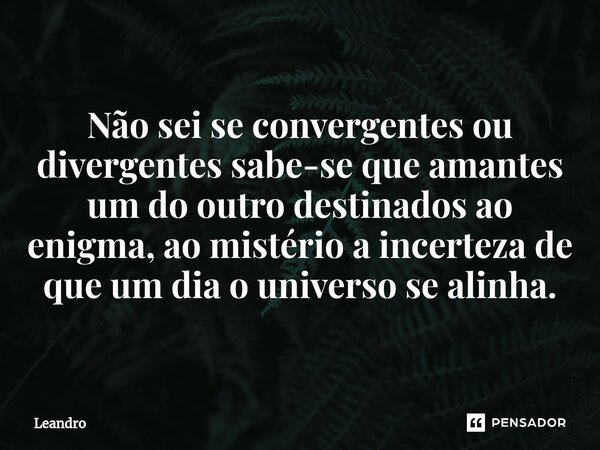 Não sei se convergentes ou divergentes sabe-se que amantes um do outro destinados ao enigma, ao mistério a incerteza de que um dia o universo se alinha.... Frase de leandro.