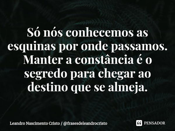 ⁠Só nós conhecemos as esquinas por onde passamos. Manter a constância é o segredo para chegar ao destino que se almeja.... Frase de Leandro Nascimento Cristo  frasesdeleandrocristo.