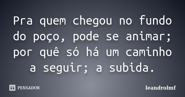 Pra quem chegou no fundo do poço, pode se animar; por quê só há um caminho a seguir; a subida.... Frase de leandrolmf.