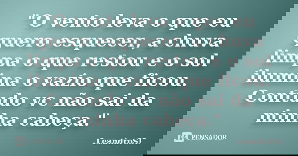 "O vento leva o que eu quero esquecer, a chuva limpa o que restou e o sol ilumina o vazio que ficou. Contudo vc não sai da minha cabeça."... Frase de LeandroSL.