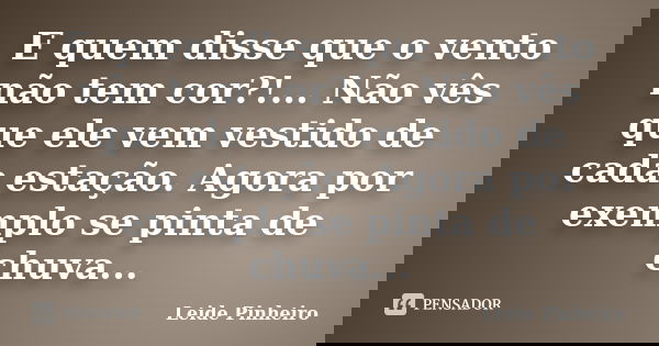 E quem disse que o vento não tem cor?!... Não vês que ele vem vestido de cada estação. Agora por exemplo se pinta de chuva...... Frase de Leide Pinheiro.