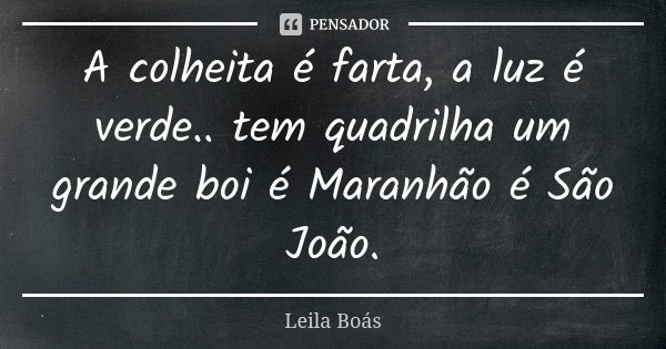A colheita é farta, a luz é verde.. tem quadrilha um grande boi é Maranhão é São João.... Frase de Leila Boás.