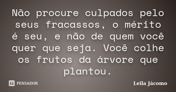 Não procure culpados pelo seus fracassos, o mérito é seu, e não de quem você quer que seja. Você colhe os frutos da árvore que plantou.... Frase de Leila Jácomo.