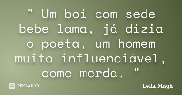 " Um boi com sede bebe lama, já dizia o poeta, um homem muito influenciável, come merda. "... Frase de Leila Magh.