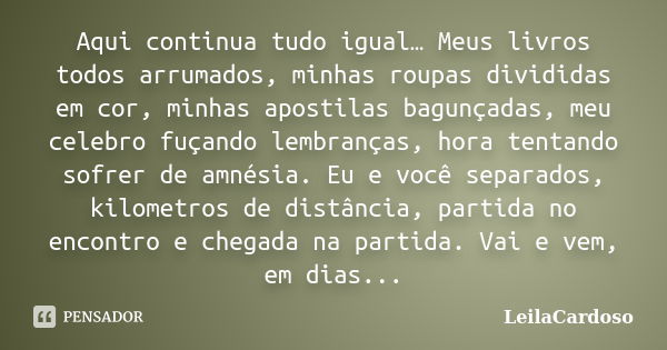 Aqui continua tudo igual… Meus livros todos arrumados, minhas roupas divididas em cor, minhas apostilas bagunçadas, meu celebro fuçando lembranças, hora tentand... Frase de LeilaCardoso.