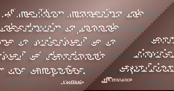 A melhor maneira de destruir a ponde entre o visível e o invisível é tentando explicar as emoções.... Frase de Leilinha.