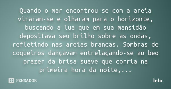 Quando o mar encontrou-se com a areia viraram-se e olharam para o horizonte, buscando a lua que em sua mansidão depositava seu brilho sobre as ondas, refletindo... Frase de lelo.