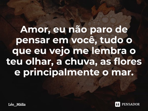 Amor, eu não paro de pensar em você, tudo o que eu vejo me lembra o teu olhar, a chuva, as flores e principalmente o mar.... Frase de Léo_Midia.