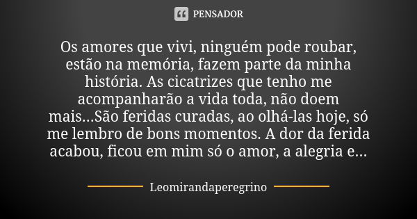 Os amores que vivi, ninguém pode roubar, estão na memória, fazem parte da minha história. As cicatrizes que tenho me acompanharão a vida toda, não doem mais...S... Frase de Leomirandaperegrino.