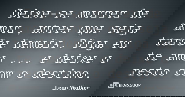 Deixe-se morrer de amor, antes que seja tarde demais. Diga eu te amo ... e deixe o resto com o destino.... Frase de Leon Wolker.