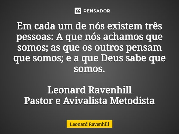 ⁠Em cada um de nós existem três pessoas: A que nós achamos que somos; as que os outros pensam que somos; e a que Deus sabe que somos. Leonard Ravenhill Pastor e... Frase de Leonard Ravenhill.