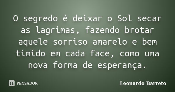 O segredo é deixar o Sol secar as lagrimas, fazendo brotar aquele sorriso amarelo e bem tímido em cada face, como uma nova forma de esperança.... Frase de Leonardo Barreto.