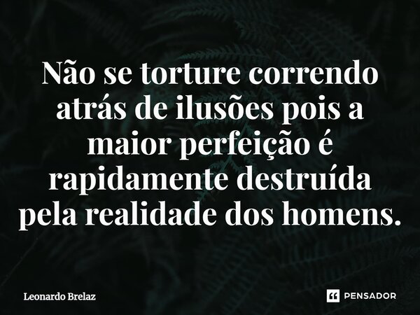 ⁠Não se torture correndo atrás de ilusões pois a maior perfeição é rapidamente destruída pela realidade dos homens.... Frase de Leonardo Brelaz.
