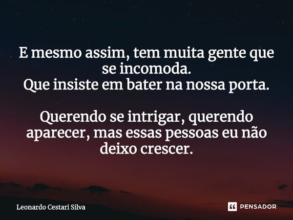 ⁠E mesmo assim, tem muita gente que se incomoda. Que insiste em bater na nossa porta. Querendo se intrigar, querendo aparecer, mas essas pessoas eu não deixo cr... Frase de Leonardo Cestari Silva.