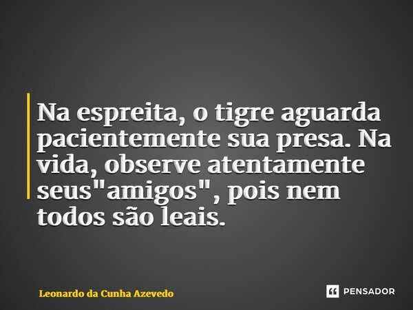 ⁠Na espreita, o tigre aguarda pacientemente sua presa. Na vida, observe atentamente seus "amigos", pois nem todos são leais.... Frase de Leonardo da Cunha Azevedo.