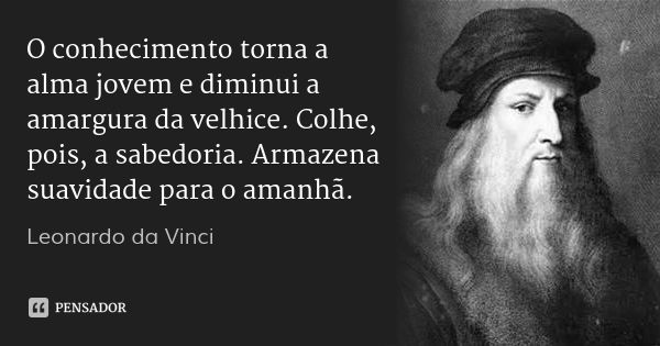 O conhecimento torna a alma jovem e diminui a amargura da velhice. Colhe, pois, a sabedoria. Armazena suavidade para o amanhã.... Frase de Leonardo da Vinci.