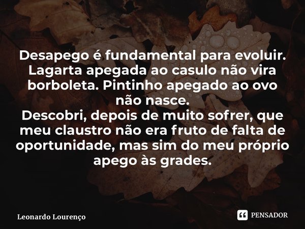 ⁠Desapego é fundamental para evoluir. Lagarta apegada ao casulo não vira borboleta. Pintinho apegado ao ovo não nasce. Descobri, depois de muito sofrer, que meu... Frase de Leonardo Lourenço.