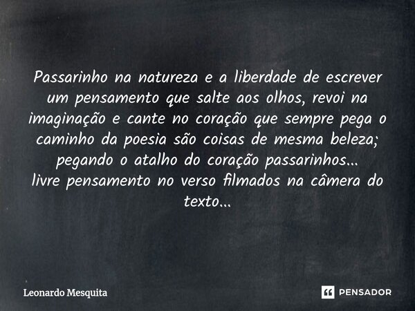 ⁠Passarinho na natureza e a liberdade de escrever um pensamento que salte aos olhos, revoi na imaginação e cante no coração que sempre pega o caminho da poesia ... Frase de Leonardo Mesquita.