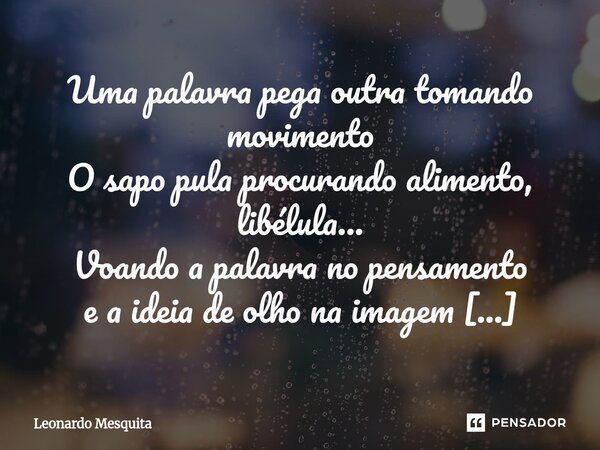 Uma palavra pega outra tomando movimento O sapo pula procurando alimento, libélula... Voando a palavra no pensamento e a ideia de olho na imagem Solta uma fras... Frase de Leonardo Mesquita.