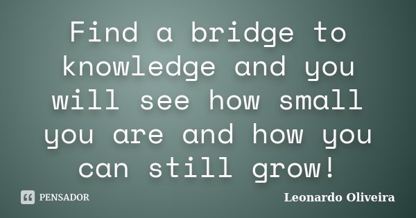 Find a bridge to knowledge and you will see how small you are and how you can still grow!... Frase de Leonardo Oliveira.