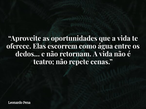 “Aproveite as oportunidades que a vida te oferece. Elas escorrem como água entre os dedos… e não retornam. A vida não é teatro; não repete cenas.”... Frase de Leonardo Pena.