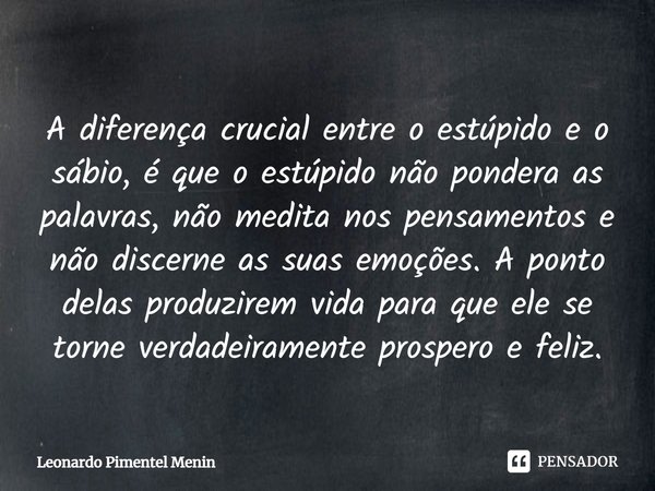 ⁠A diferença crucial entre o estúpido e o sábio, é que o estúpido não pondera as palavras, não medita nos pensamentos e não discerne as suas emoções. A ponto de... Frase de Leonardo Pimentel Menin.