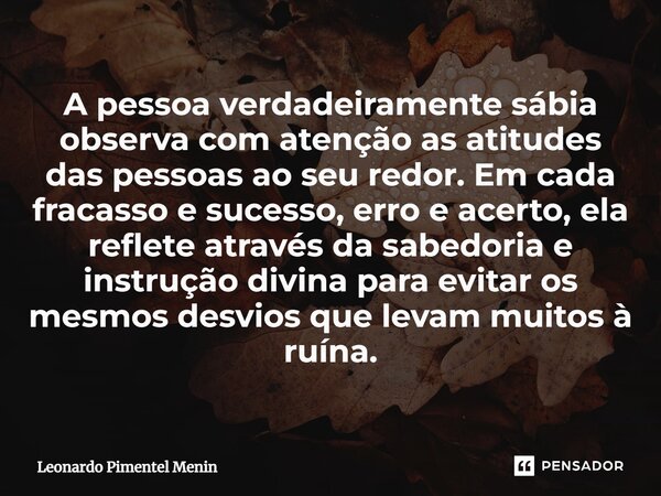 A pessoa verdadeiramente sábia observa com atenção as atitudes das pessoas ao seu redor. Em cada fracasso e sucesso, erro e acerto, ela reflete através da sabed... Frase de Leonardo Pimentel Menin.