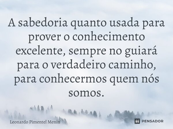 A sabedoria quanto usada para prover o conhecimento excelente, sempre no guiará para o verdadeiro caminho, para conhecermos quem nós somos.... Frase de Leonardo Pimentel Menin.