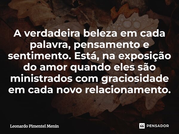 A verdadeira beleza em cada palavra, pensamento e sentimento. Está, na exposição do amor quando eles são ministrados com graciosidade em cada novo relacionament... Frase de Leonardo Pimentel Menin.