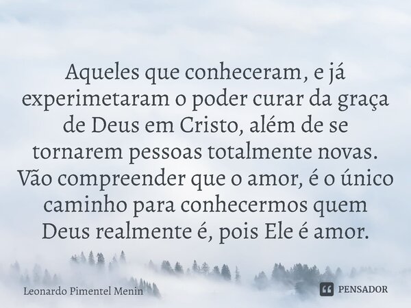 Aqueles que conheceram, e já experimetaram o poder curar da graça de Deus em Cristo, além de se tornarem pessoas totalmente novas. Vão compreender que o amor, é... Frase de Leonardo Pimentel Menin.