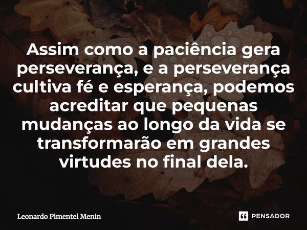 Assim como a paciência gera perseverança, e a perseverança cultiva fé e esperança, podemos acreditar que pequenas mudanças ao longo da vida se transformarão em ... Frase de Leonardo Pimentel Menin.