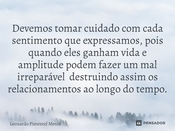 Devemos tomar cuidado com cada sentimento que expressamos, pois quando eles ganham vida e amplitude podem fazer um mal irreparável destruindo assim os relaciona... Frase de Leonardo Pimentel Menin.