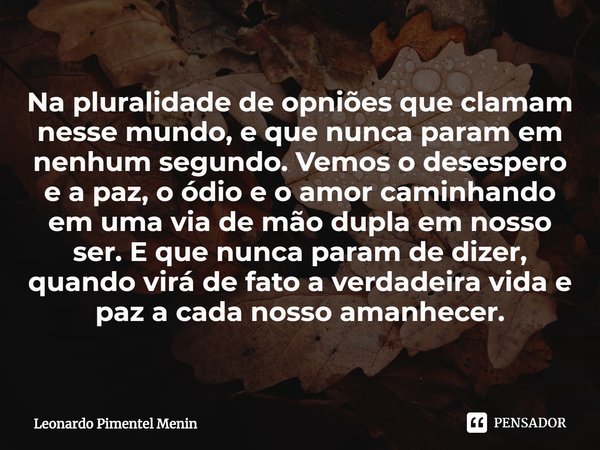 Na pluralidade de opniões que clamam nesse mundo, e que nunca param em nenhum segundo. ⁠Vemos o desespero e a paz, o ódio e o amor caminhando em uma via de mão ... Frase de Leonardo Pimentel Menin.