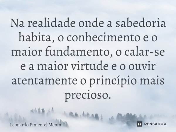 Na realidade onde a sabedoria habita, o conhecimento e o maior fundamento, o calar-se e a maior virtude e o ouvir atentamente o princípio mais precioso.... Frase de Leonardo Pimentel Menin.