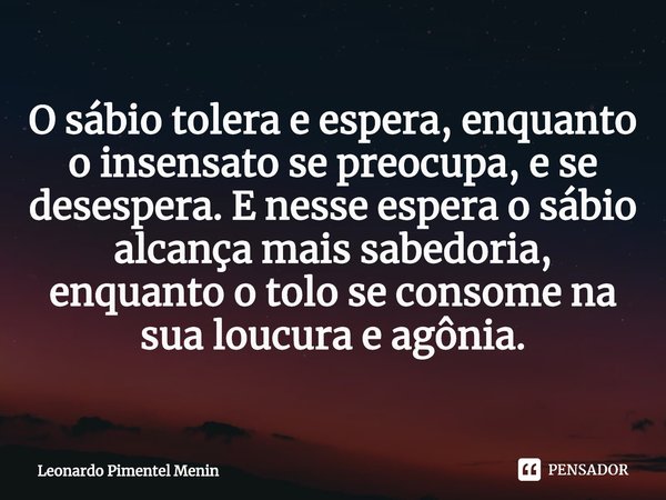 O sábio tolera e espera, enquanto o insensato se preocupa, e se desespera. E nesse espera o sábio alcança mais sabedoria, enquanto o tolo se consome na sua louc... Frase de Leonardo Pimentel Menin.