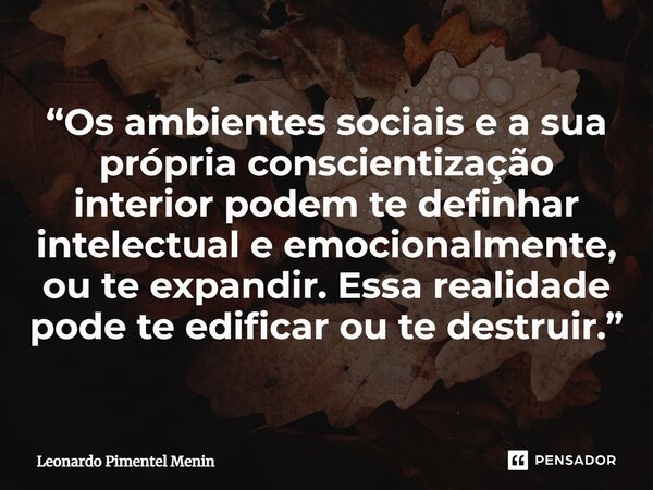 “Os ambientes sociais e a sua própria conscientização interior podem te definhar intelectual e emocionalmente, ou te expandir. Essa realidade pode te edificar o... Frase de Leonardo Pimentel Menin.