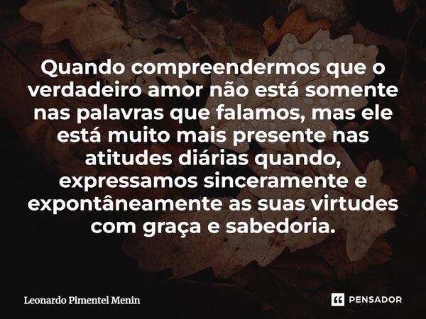 Q⁠uando compreendermos que o verdadeiro amor não está somente nas palavras que falamos, mas ele está muito mais presente nas atitudes diárias quando, expressamo... Frase de Leonardo Pimentel Menin.