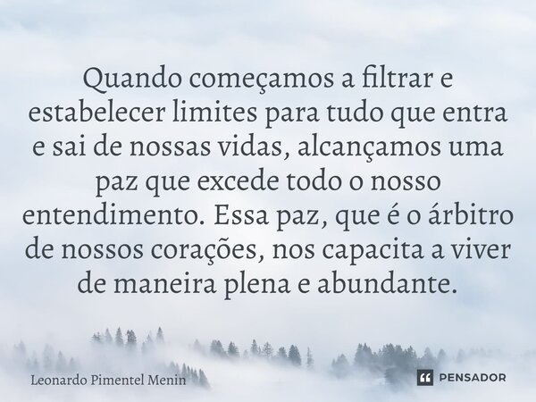 Quando começamos a filtrar e estabelecer limites para tudo que entra e sai de nossas vidas, alcançamos uma paz que excede todo o nosso entendimento. Essa paz, q... Frase de Leonardo Pimentel Menin.