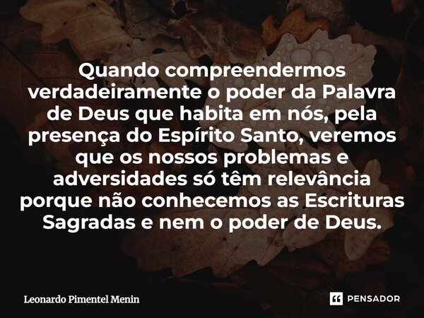 Quando compreendermos verdadeiramente o poder da Palavra de Deus que habita em nós, pela presença do Espírito Santo, veremos que os nossos problemas e adversida... Frase de Leonardo Pimentel Menin.