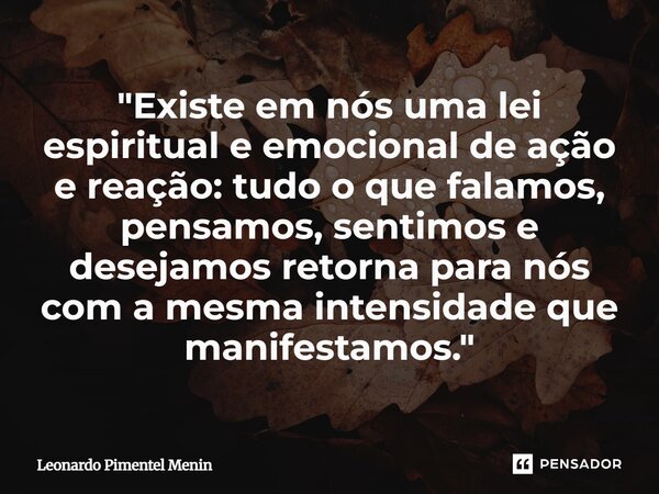 "Existe em nós uma lei espiritual e emocional de ação e reação: tudo o que falamos, pensamos, sentimos e desejamos retorna para nós com a mesma intensidade... Frase de Leonardo Pimentel Menin.