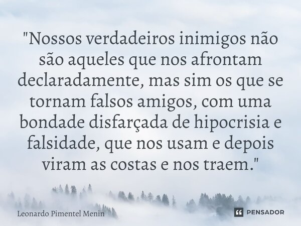 "Nossos verdadeiros inimigos não são aqueles que nos afrontam declaradamente, mas sim os que se tornam falsos amigos, com uma bondade disfarçada de hipocri... Frase de Leonardo Pimentel Menin.