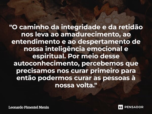 "O caminho da integridade e da retidão nos leva ao amadurecimento, ao entendimento e ao despertamento de nossa inteligência emocional e espiritual. Por mei... Frase de Leonardo Pimentel Menin.