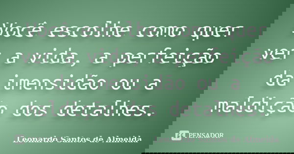 Você escolhe como quer ver a vida, a perfeição da imensidão ou a maldição dos detalhes.... Frase de Leonardo Santos De Almeida.