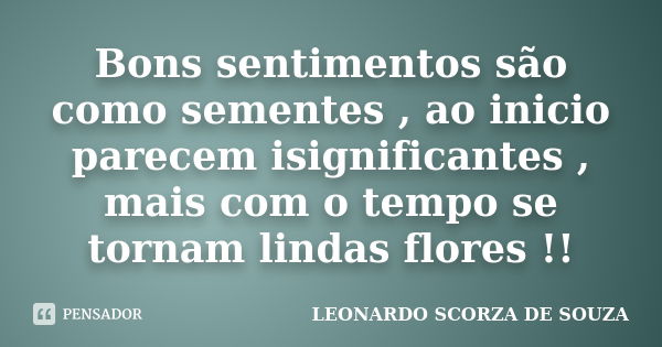 Bons sentimentos são como sementes , ao inicio parecem isignificantes , mais com o tempo se tornam lindas flores !!... Frase de LEONARDO SCORZA DE SOUZA.