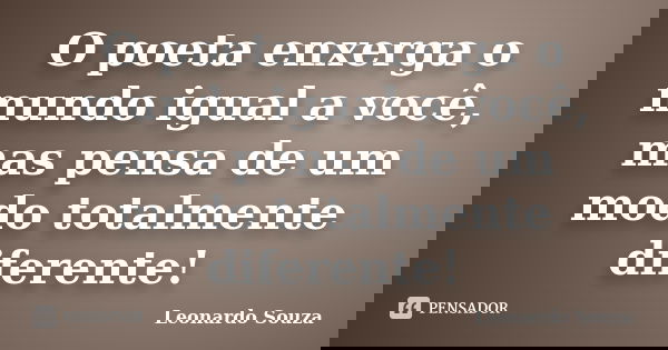 O poeta enxerga o mundo igual a você, mas pensa de um modo totalmente diferente!... Frase de Leonardo Souza.