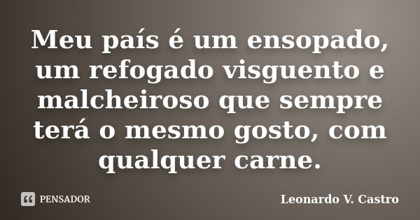 Meu país é um ensopado, um refogado visguento e malcheiroso que sempre terá o mesmo gosto, com qualquer carne.... Frase de Leonardo V. Castro.