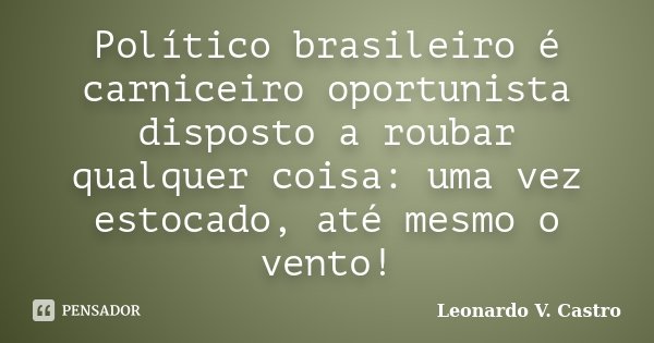 Político brasileiro é carniceiro oportunista disposto a roubar qualquer coisa: uma vez estocado, até mesmo o vento!... Frase de Leonardo V. Castro.