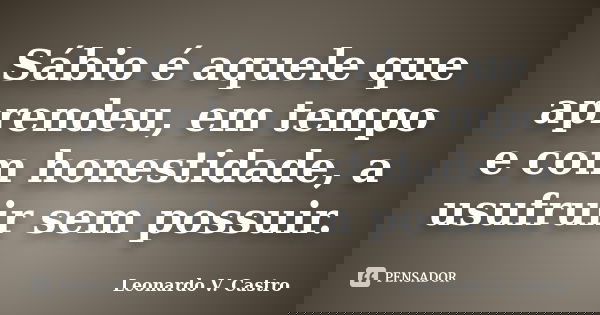 Sábio é aquele que aprendeu, em tempo e com honestidade, a usufruir sem possuir.... Frase de Leonardo V. Castro.