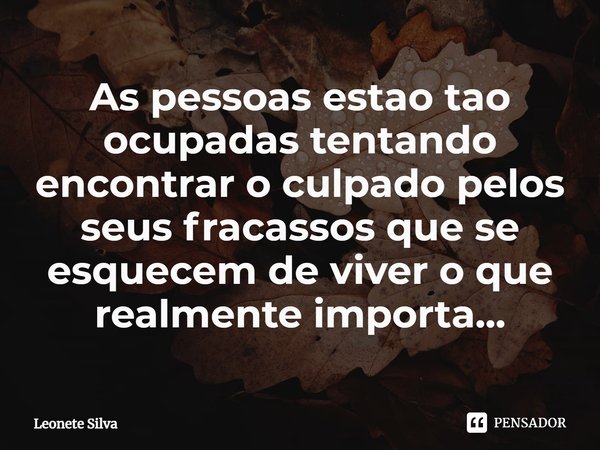 ⁠As pessoas estão tão ocupadas tentando encontrar o culpado pelos seus fracassos que se esquecem de viver o que realmente importa...... Frase de Leonete Silva.