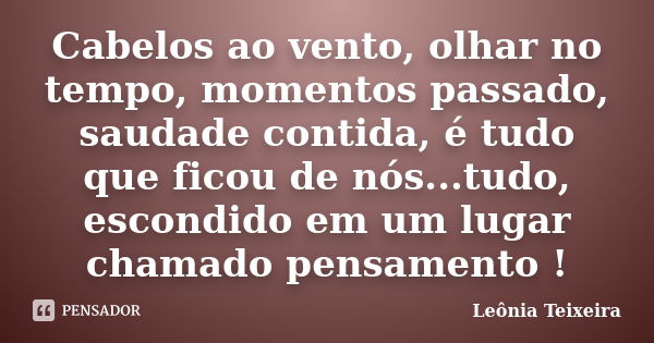 Cabelos ao vento, olhar no tempo, momentos passado, saudade contida, é tudo que ficou de nós...tudo, escondido em um lugar chamado pensamento !... Frase de Leônia Teixeira.